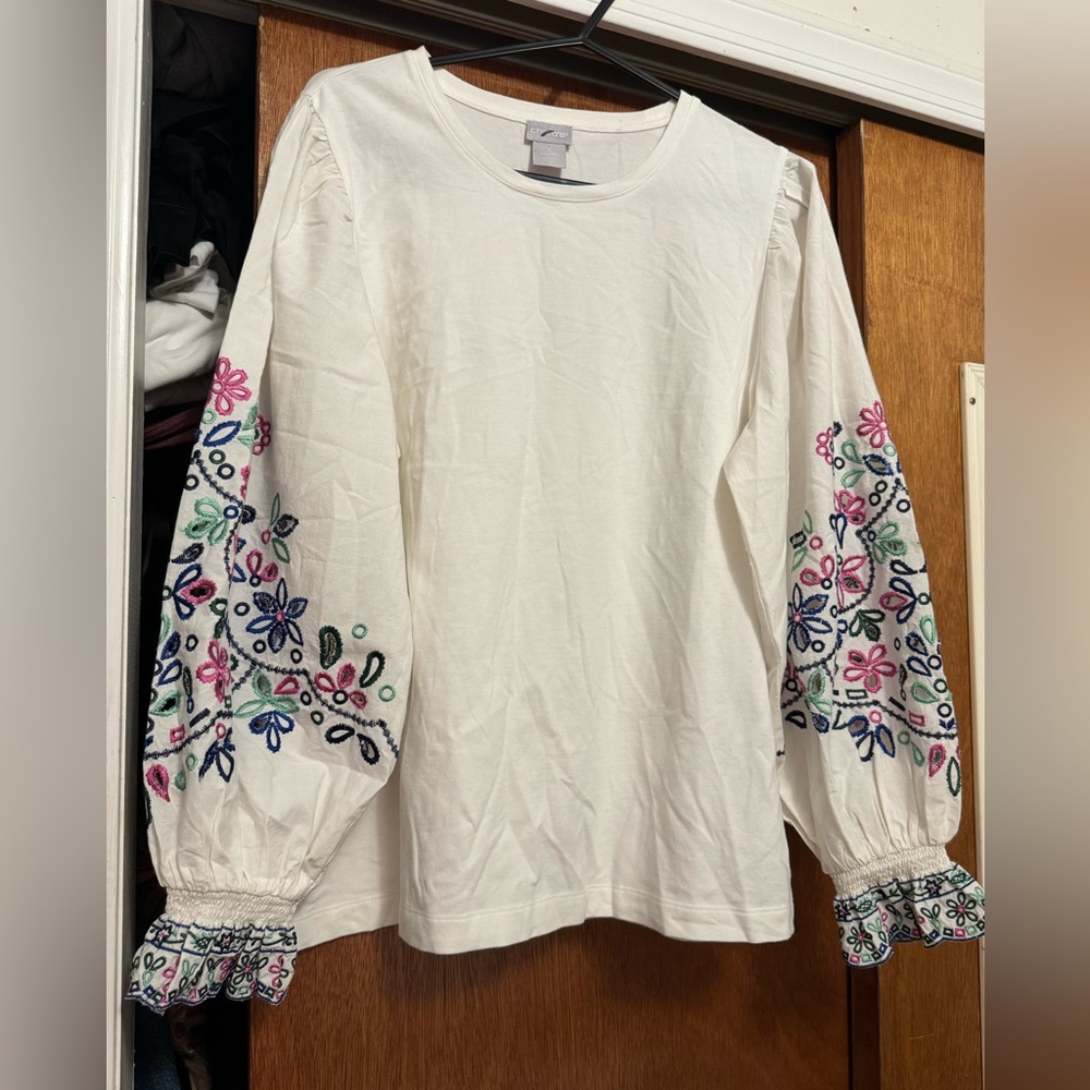 New white embellished sleeve T Shirt